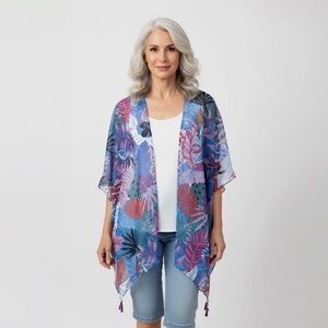 MADDEN NYC Kimono O/S Ruana Floral Sheer Tassel Boho Beach Resort Cruise CoverUp